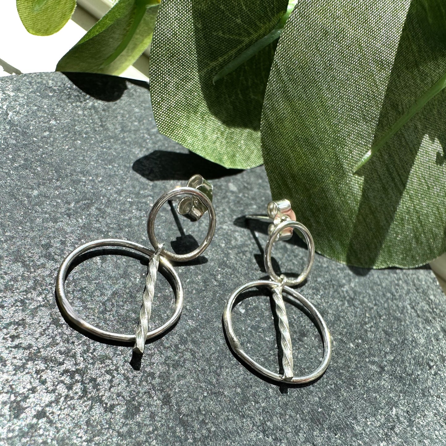 Double Hoop and Twisted Dangle Sterling Silver Earrings