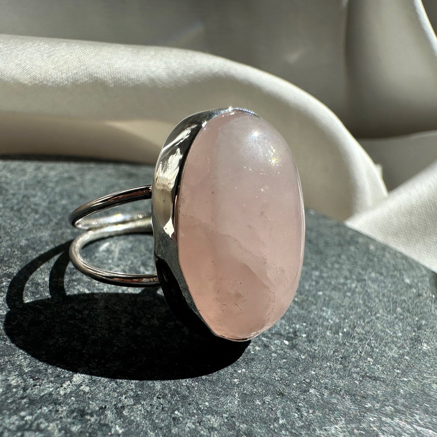 Large Oval Rose Quartz Sterling Silver Ring