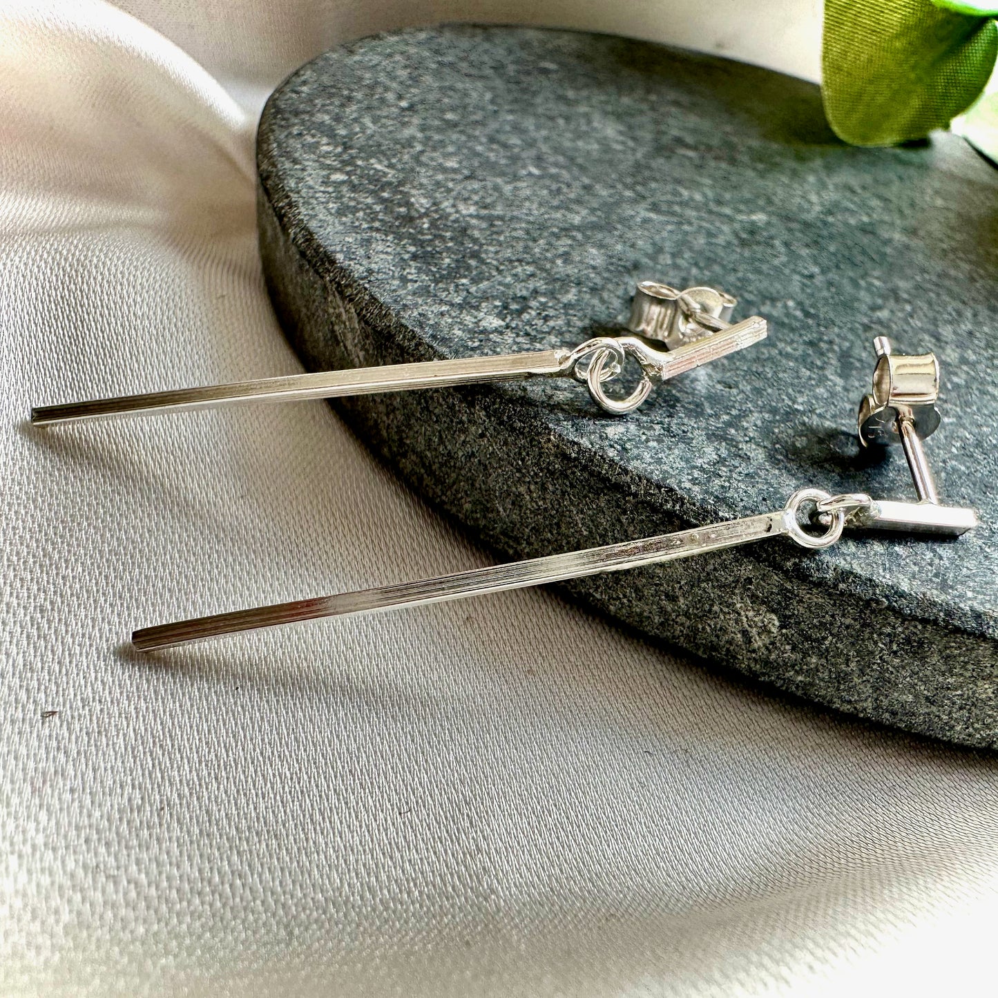 Straight Square Dangle Sterling Silver Earrings