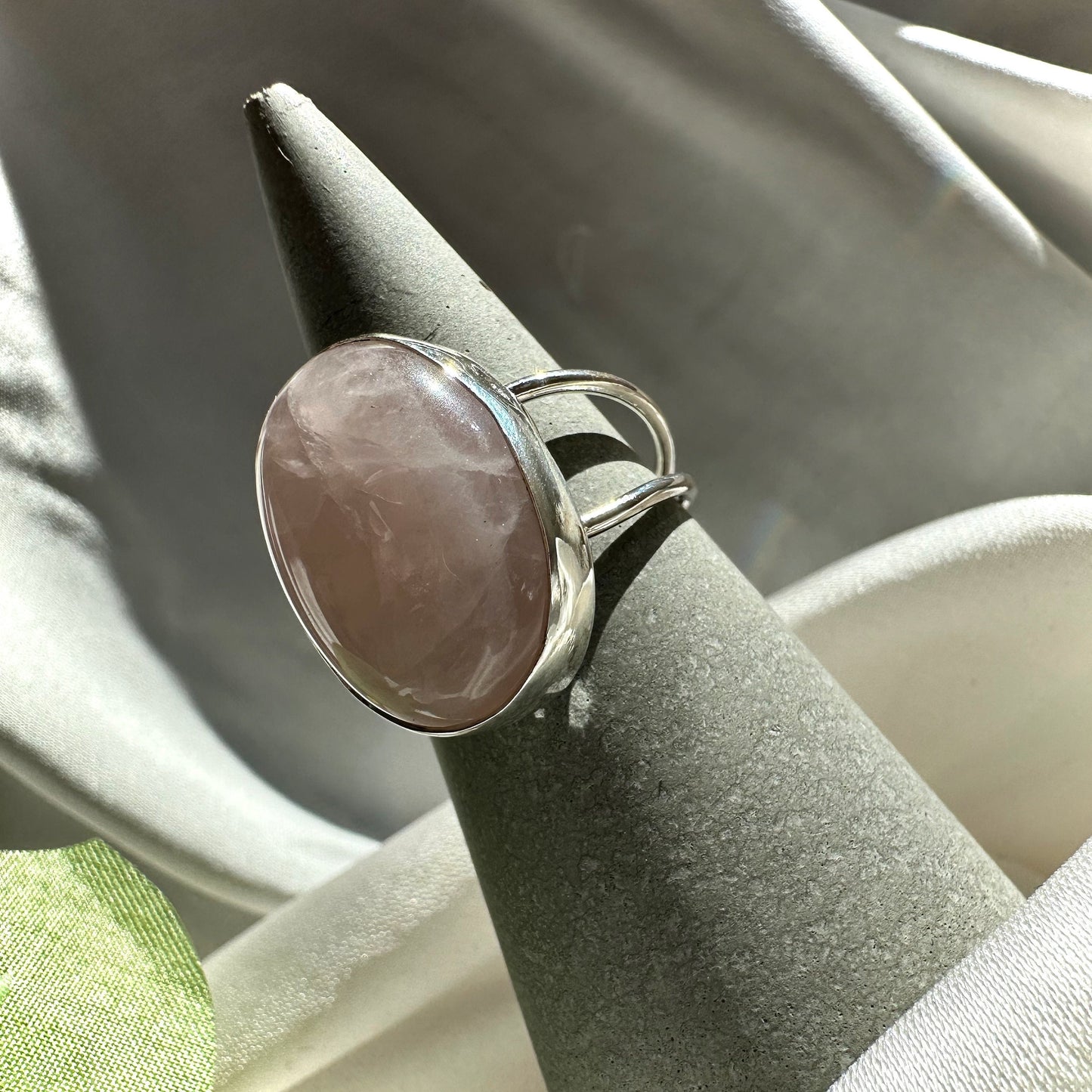 Large Oval Rose Quartz Sterling Silver Ring