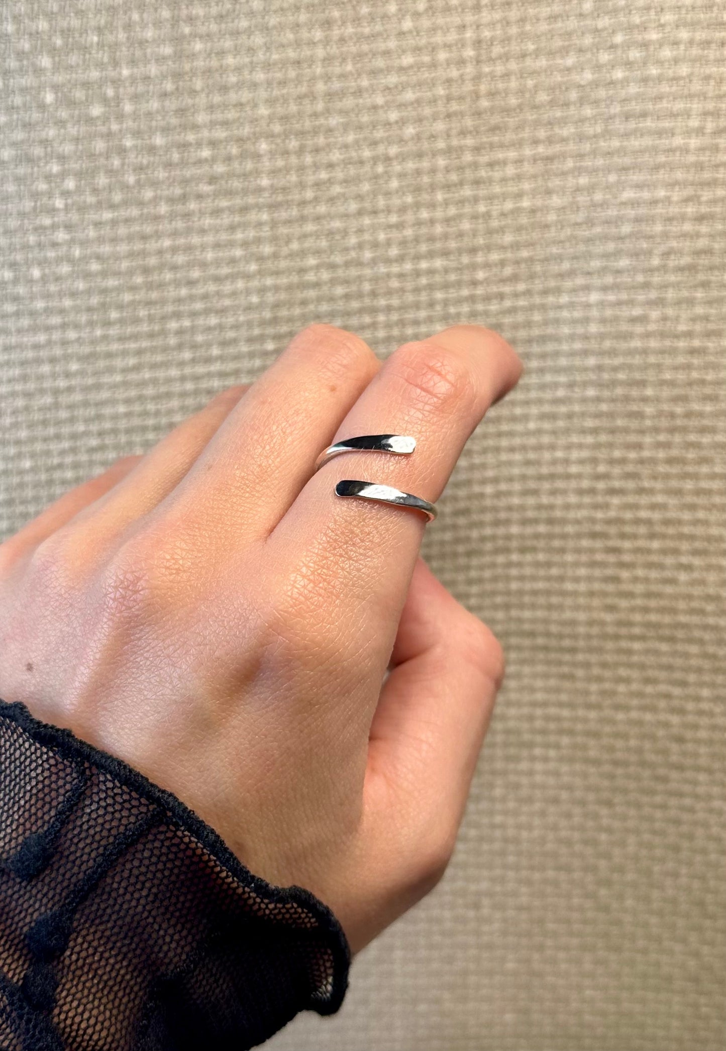 handmade silver ring, adjustable silver ring, sterling silver wrap ring, hammered silver ring, recycled silver jewellery, eco silver ring, minimalist silver ring, handmade jewellery UK, artisan silver ring, ethical jewellery, LunaLou silver