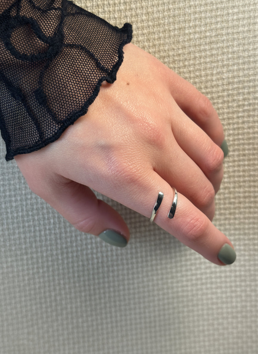 handmade silver ring, adjustable silver ring, sterling silver wrap ring, hammered silver ring, recycled silver jewellery, eco silver ring, minimalist silver ring, handmade jewellery UK, artisan silver ring, ethical jewellery, LunaLou silver